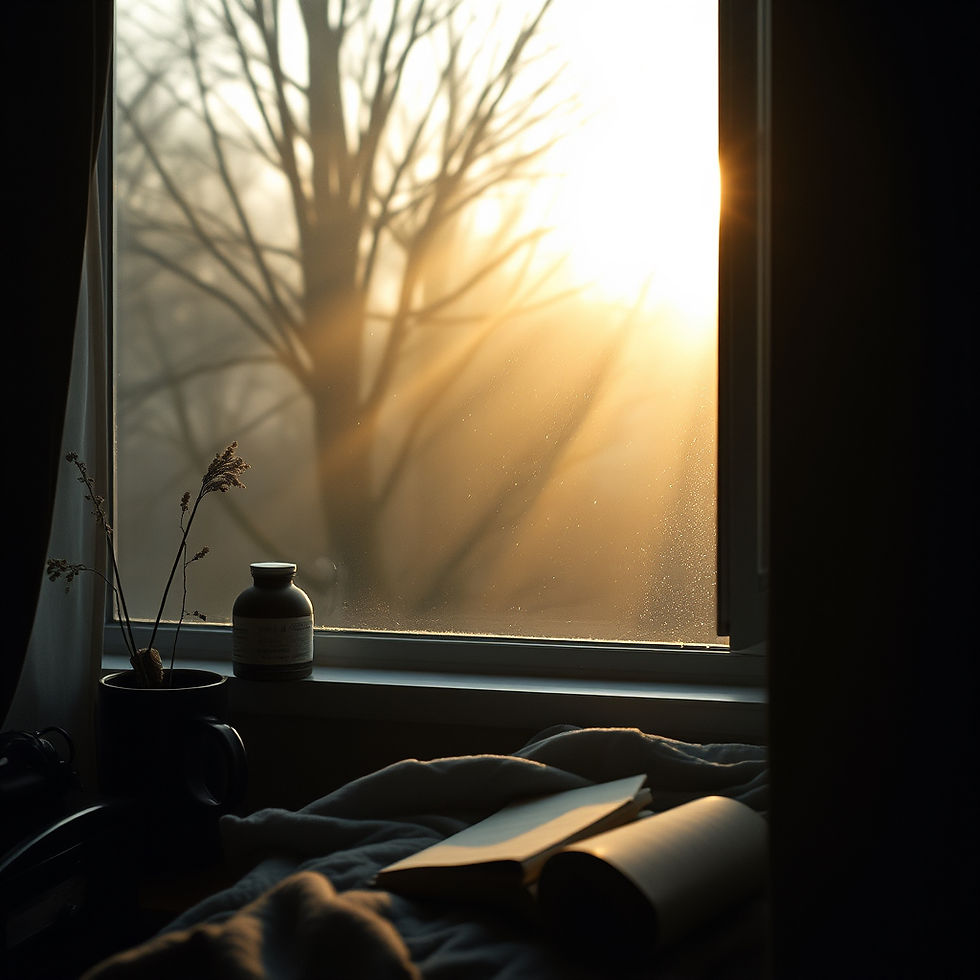 Window with sunlight filtering through and potted plant
