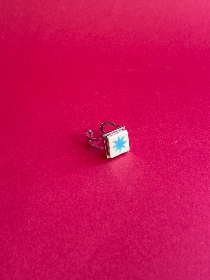 Anel Estrela Turquesa - Base Prateada