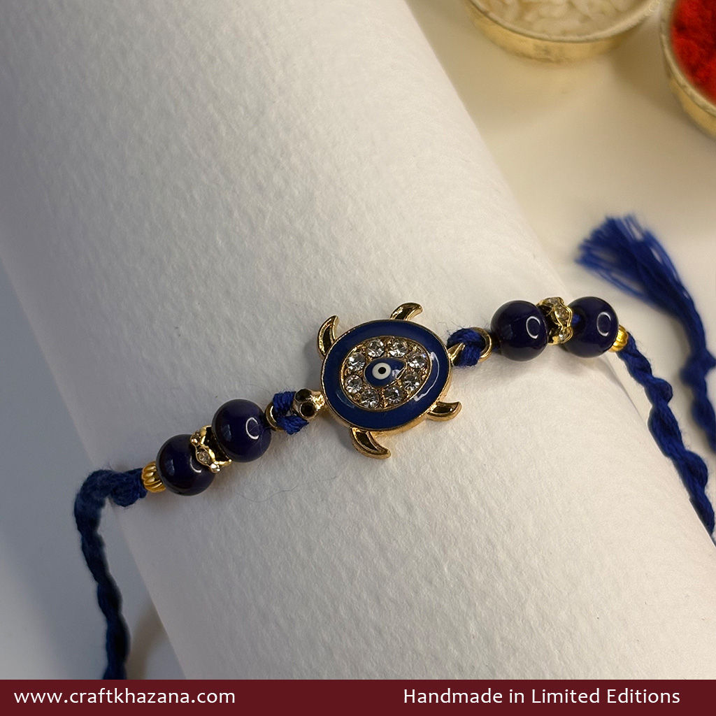 Personalised Turtle Evil Eye Rakhi with Blue Glass Beads