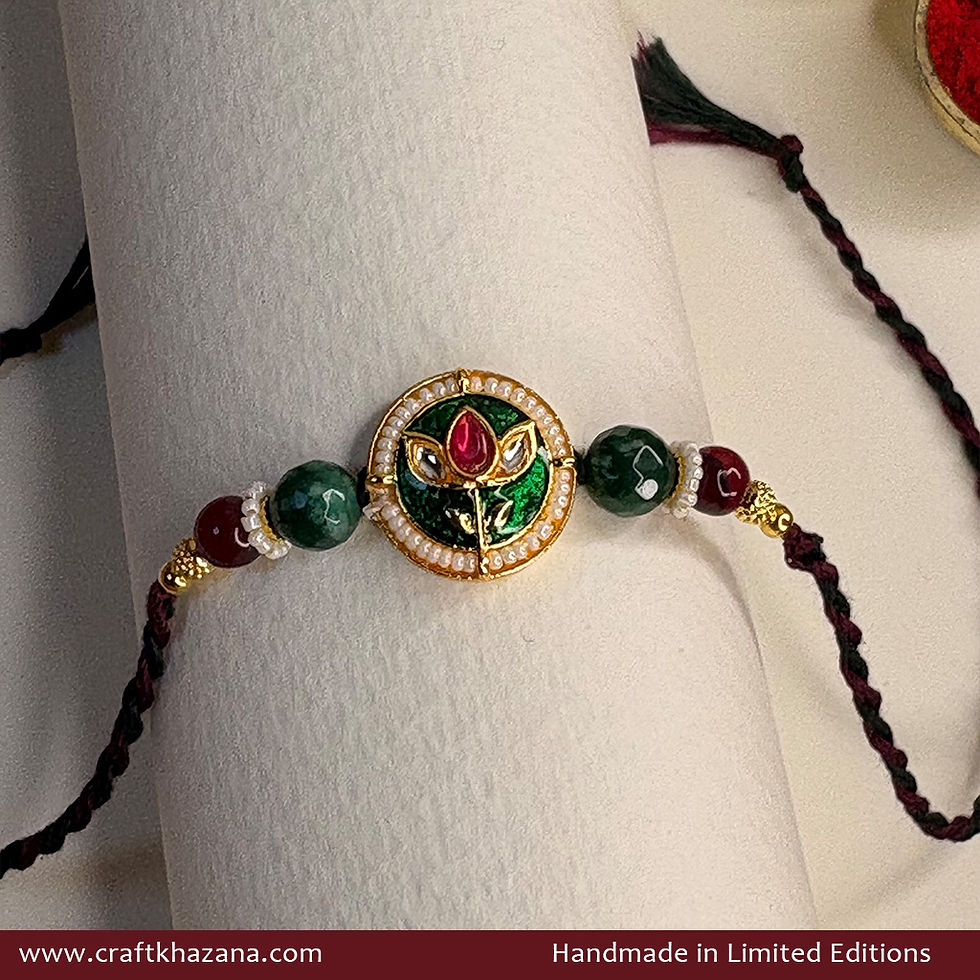 Personalised Lotus Meenakari Rakhi with Green Agate Beads