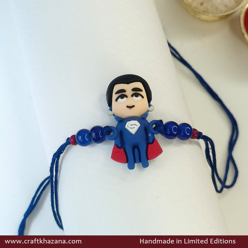 Handmade Superman Kids Rakhi | Superhero Rakhi with Blue Glass Beads