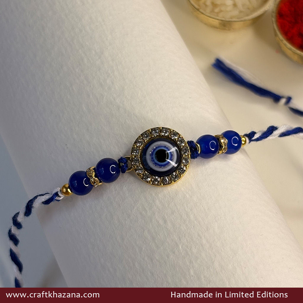 Personalised Round Evil Eye Rakhi with Blue Glass Beads