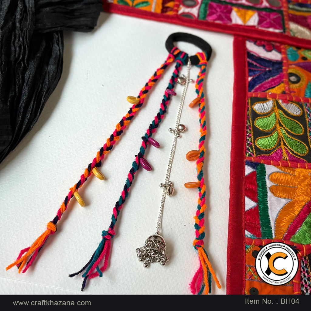 Handmade multicolour boho hair braids with cowrie shells and silver jhumka charm chain