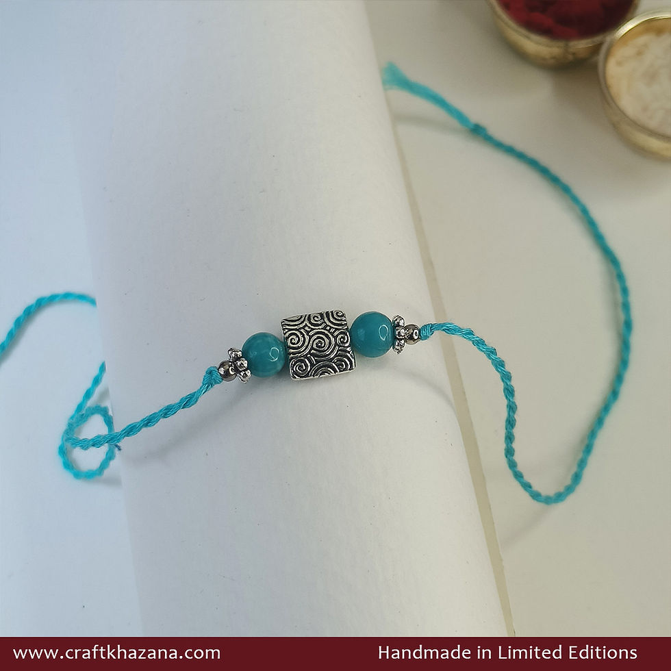 Handmade Silver Square Bead Rakhi | Blue Bead Designer Rakhi