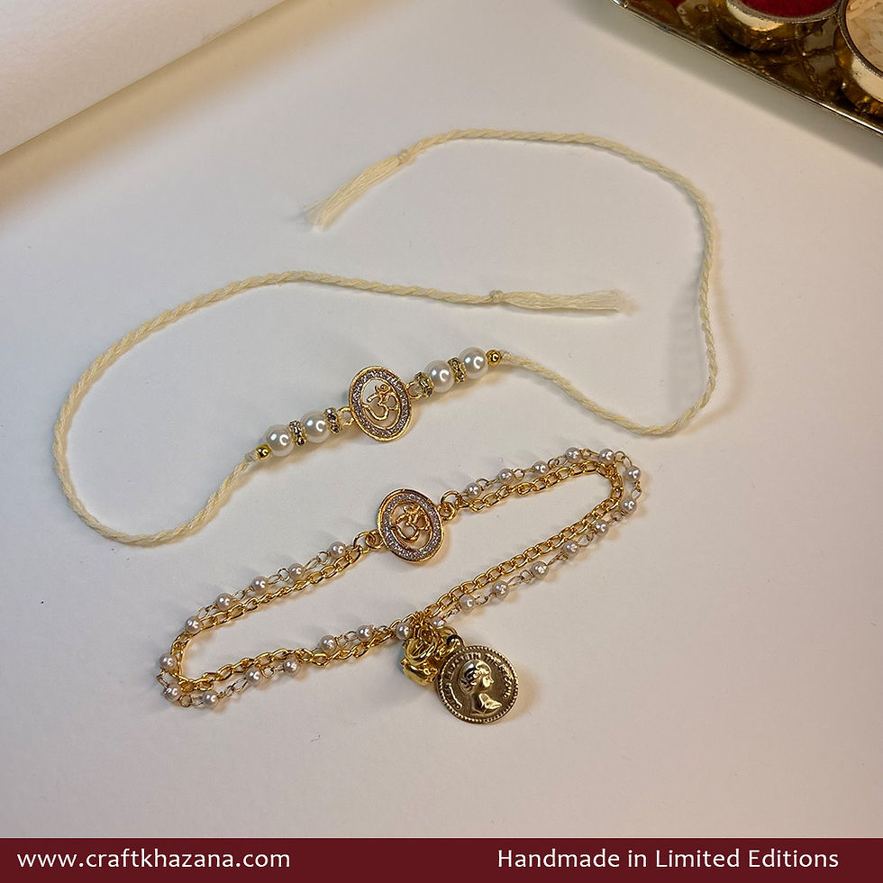 Thumbnail: Personalised Om Bhaiya Bhabhi Bracelet Rakhi Set with Pearls