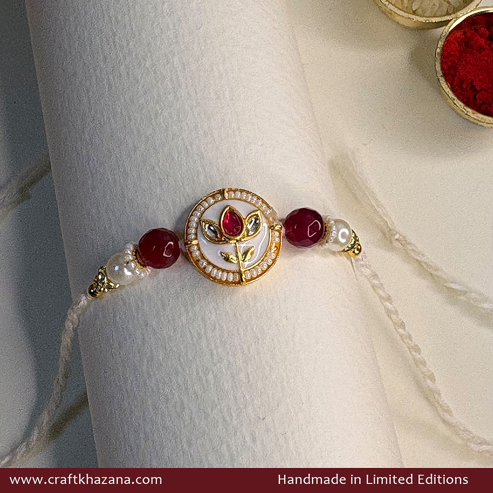 Personalised White Lotus Meenakari Rakhi with Pearl Beads