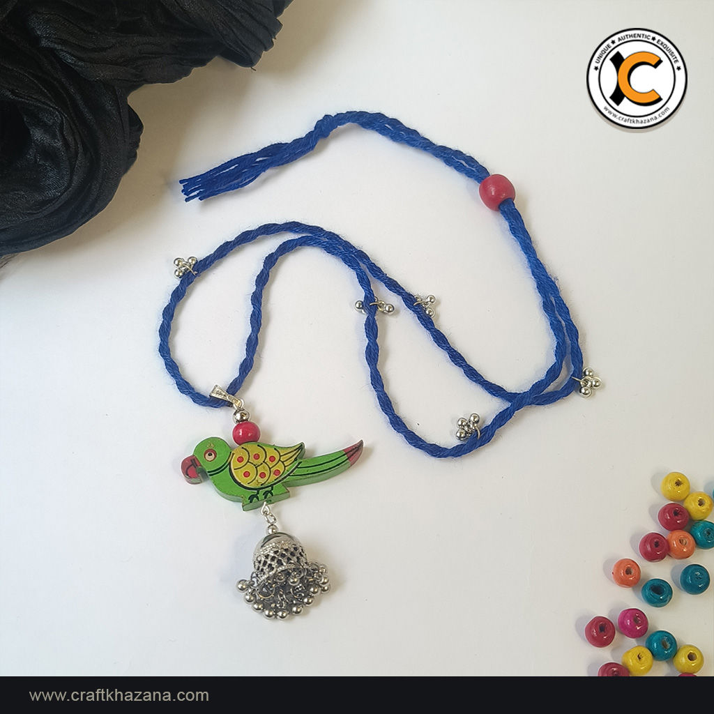 Urmi, Blue Thread Long Necklace with Colourful Parrot Pendant