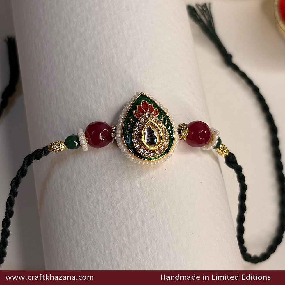 Personalised Green Teardrop Meenakari Rakhi with Agate Beads
