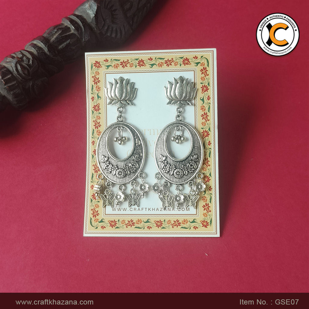 Jaanvi, Lotus stud silver chandbali with hanging butterflies and flowers