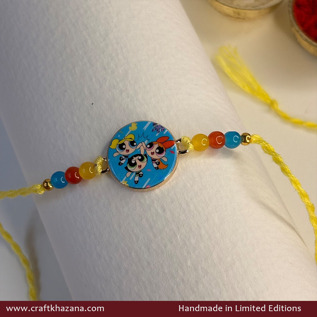 Personalised Powerpuff Girls Blue Rakhi with Matching Glass Beads
