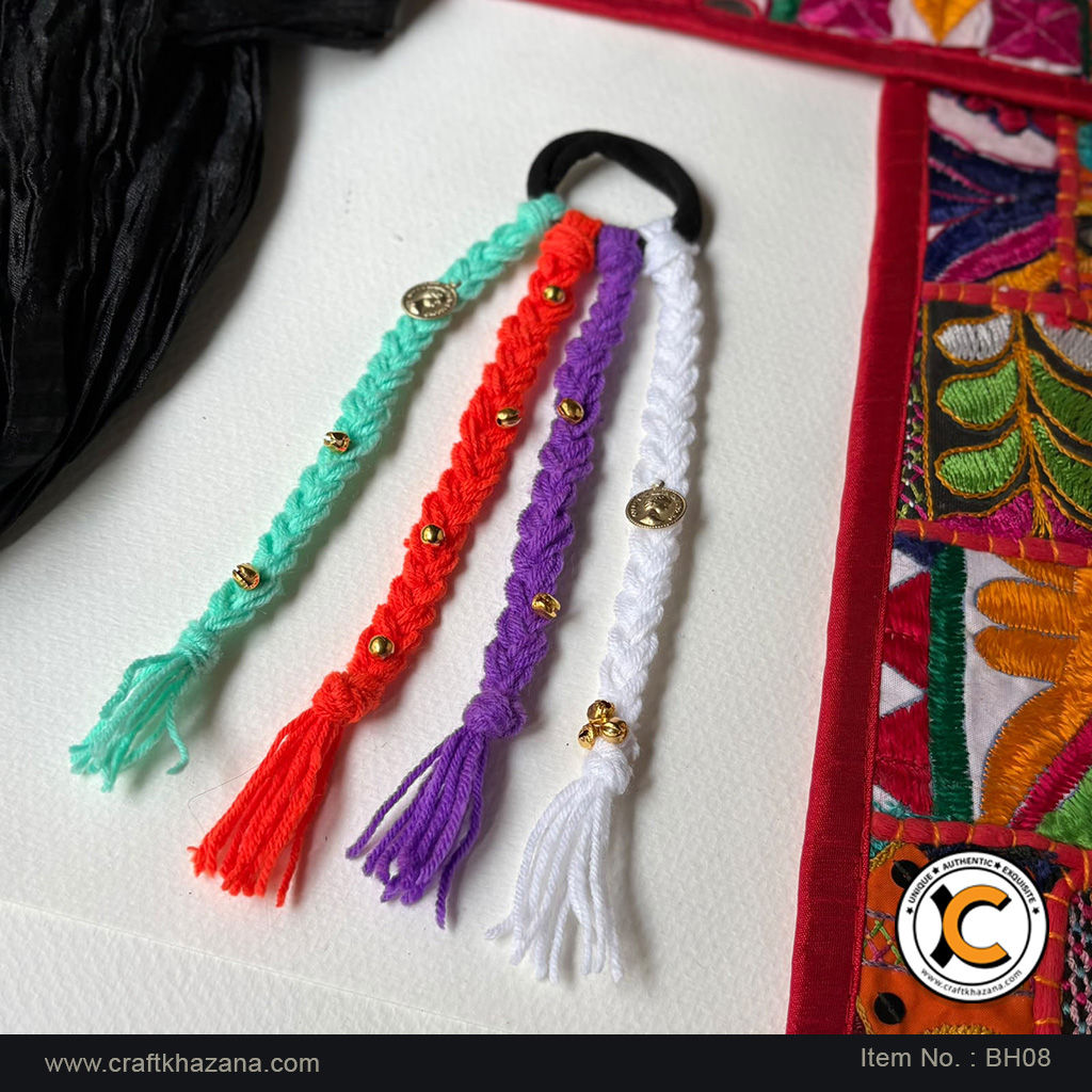 Handmade aqua orange purple and white boho hair braids with golden charms on rubber band