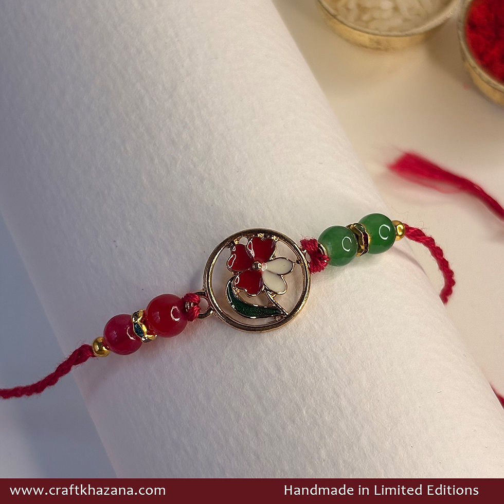 Personalised Floral Rakhi with Green & Pink Glass Beads
