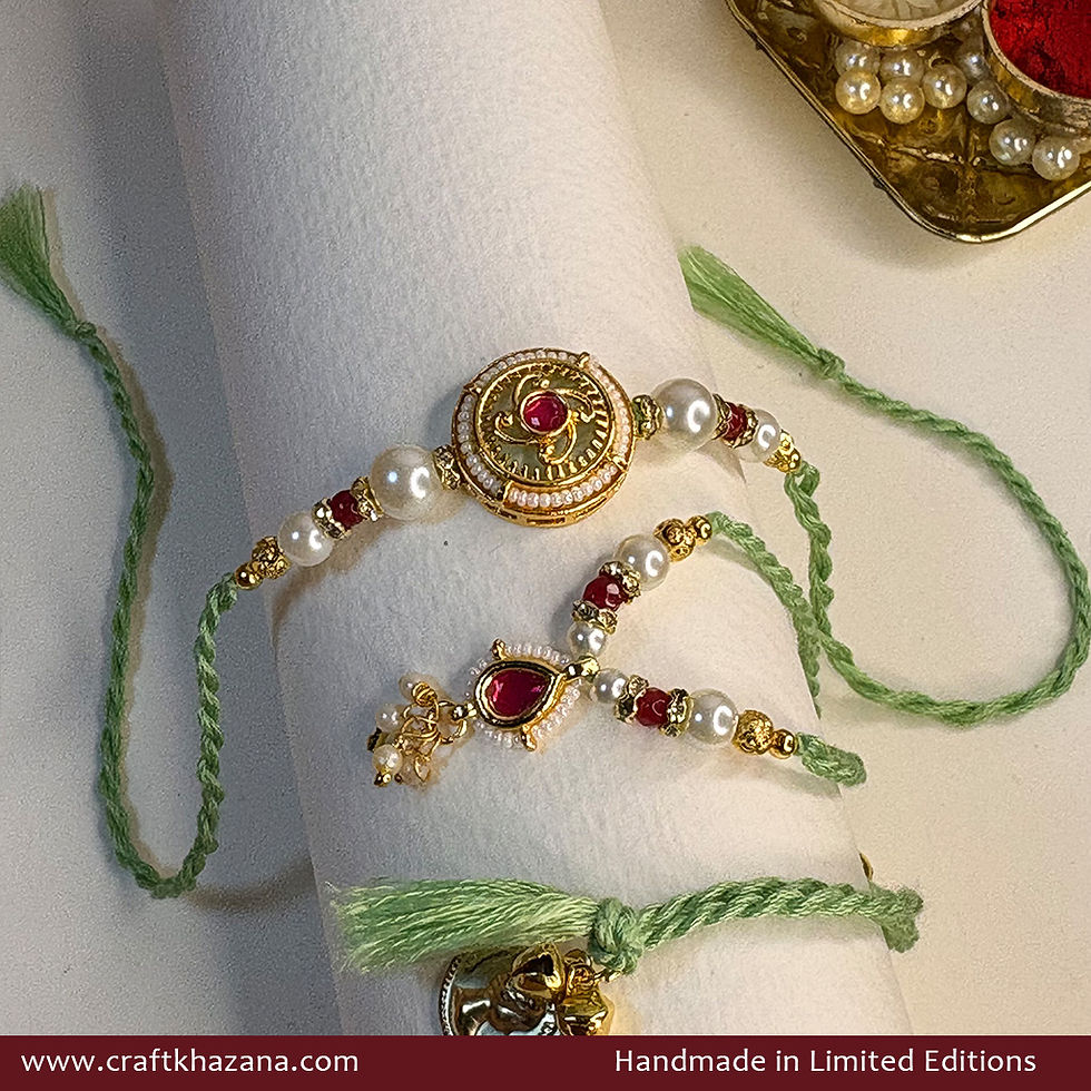 Personalised Pista Green Bhaiya Bhabhi Rakhi Set with Pearls