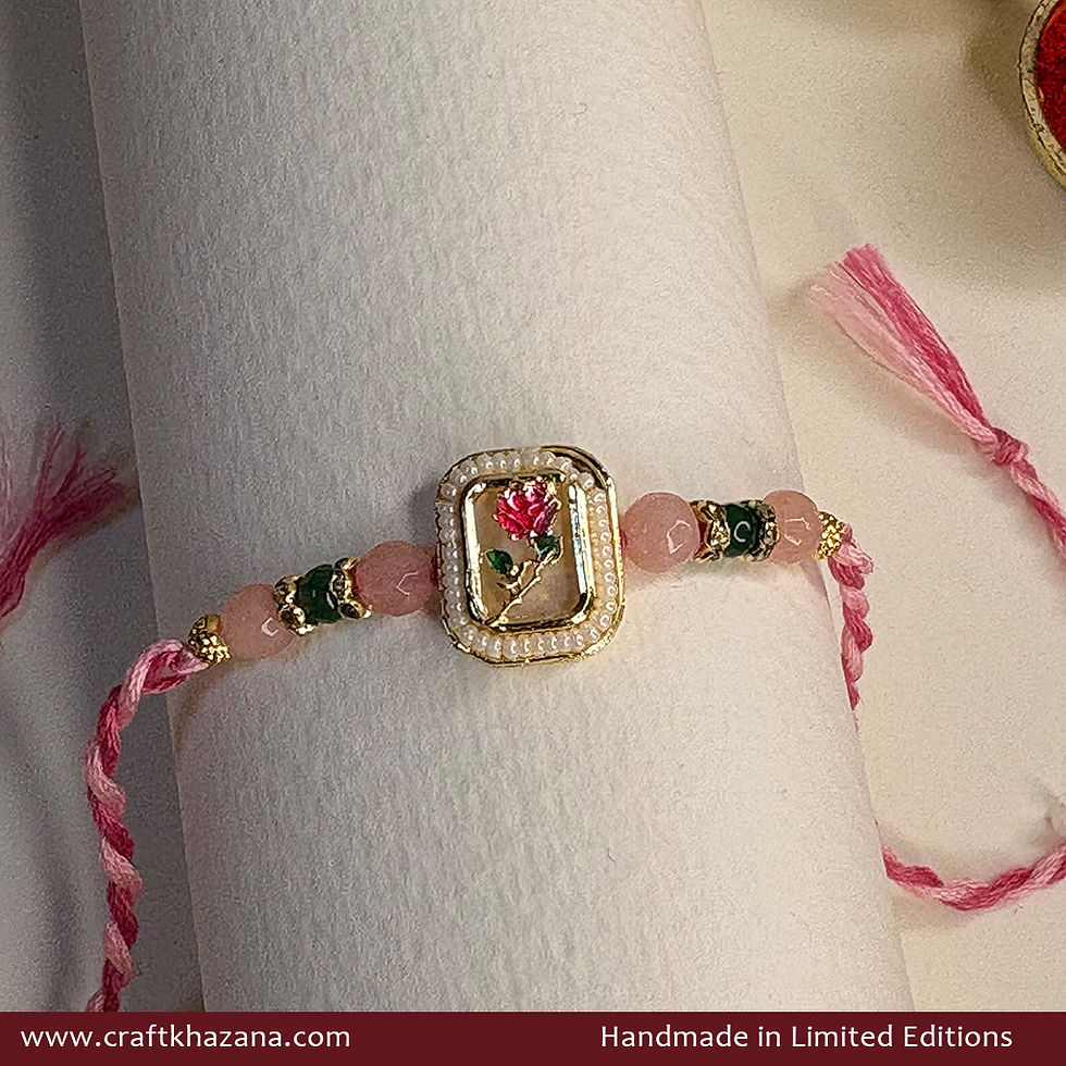 Personalised Pink Rose Meenakari Rakhi with Rose Quartz Beads
