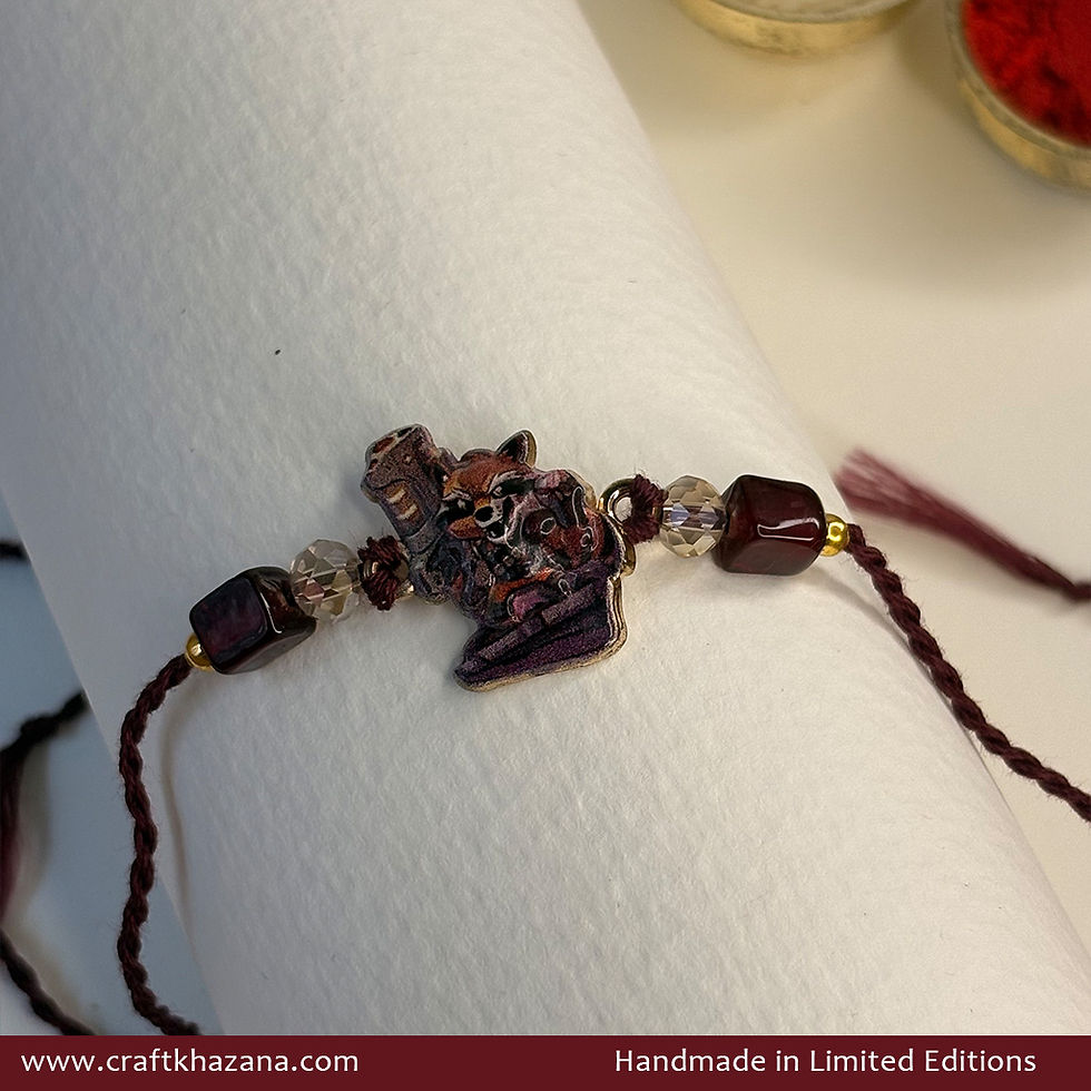 Rocket Raccoon Rakhi with Brown & White Glass Beads