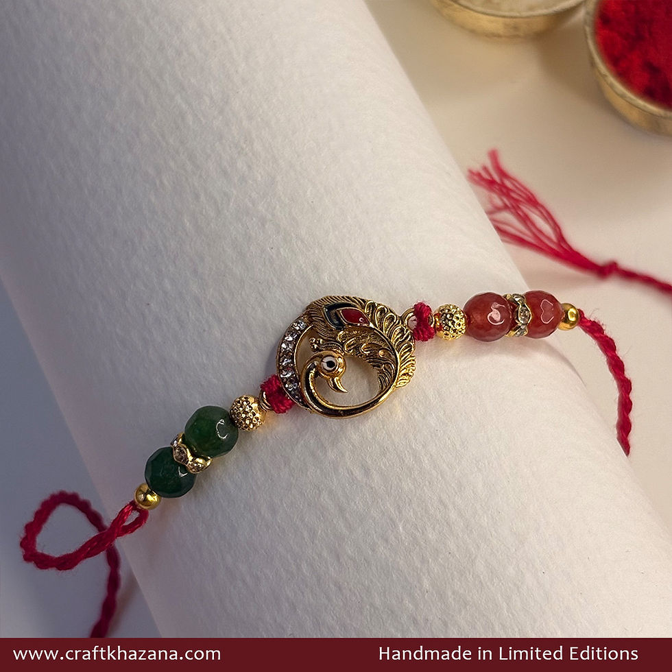 Personalised Peacock Rakhi with Green & Red Agate Beads