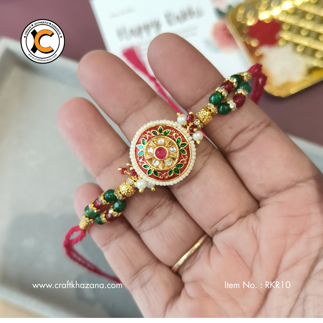 Pashupati, Meenakari red and green floral design rakhi