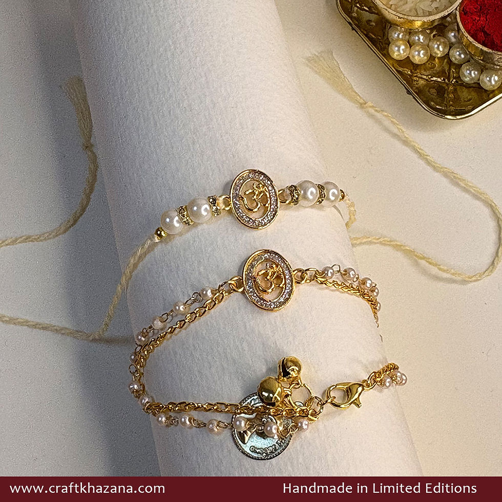 Personalised Om Bhaiya Bhabhi Bracelet Rakhi Set with Pearls