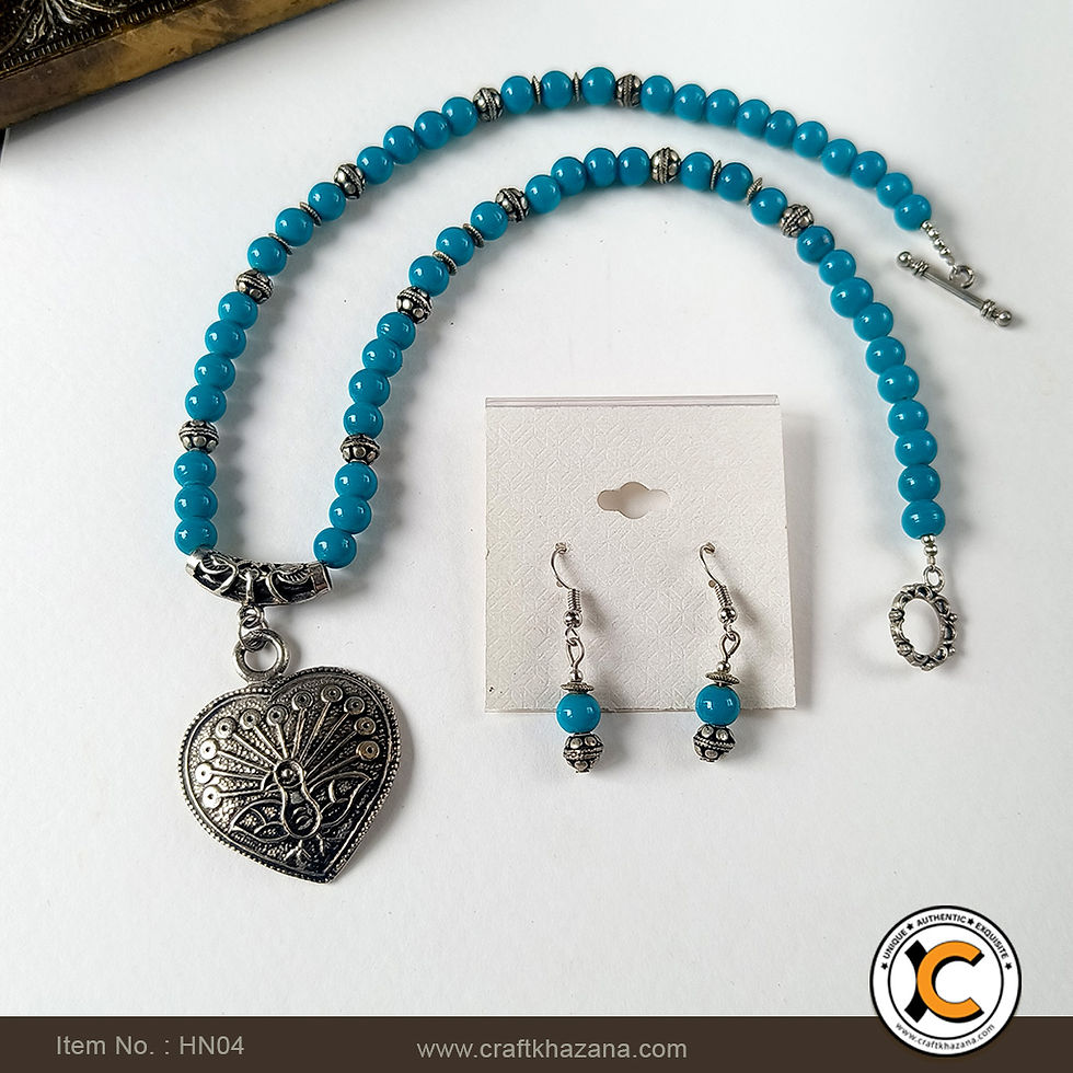 Thumbnail: Zora, sky blue beads pecock pendant necklace set