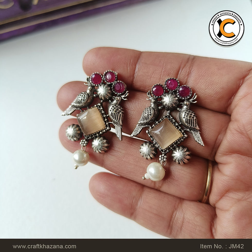 Thumbnail: Ridhima, Twin Bird Silver Look-Alike Brass Earrings