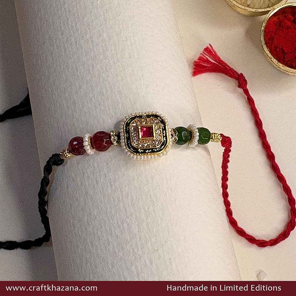 Personalised Meenakari Rakhi with Green Agates & Ruby Stone