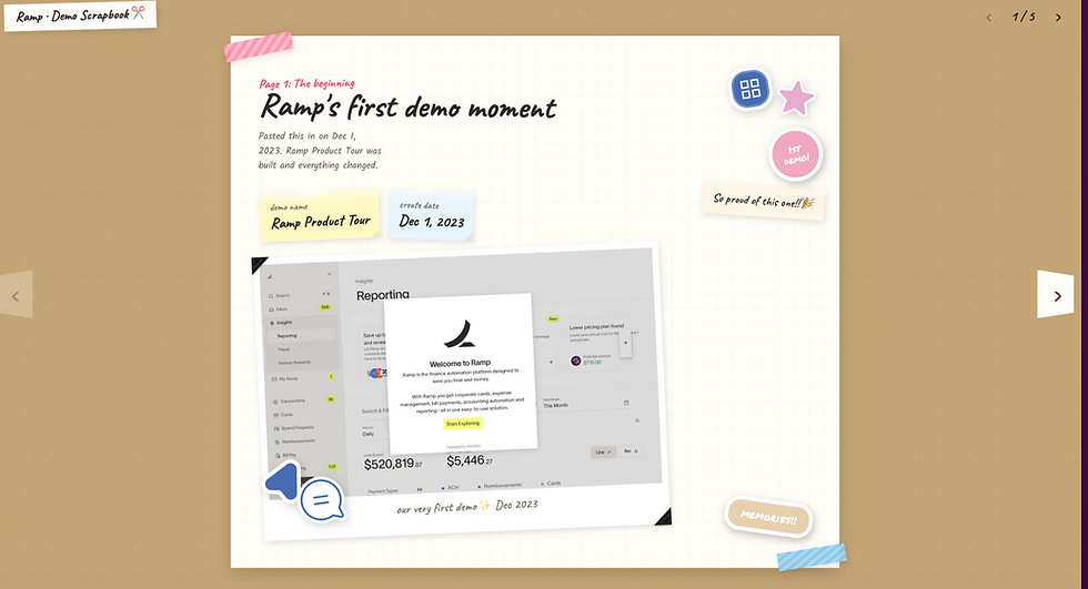 Scrapbook page titled Ramp’s first demo moment with a dashboard screenshot, pastel stickers, and notes about Dec. 1, 2023.
