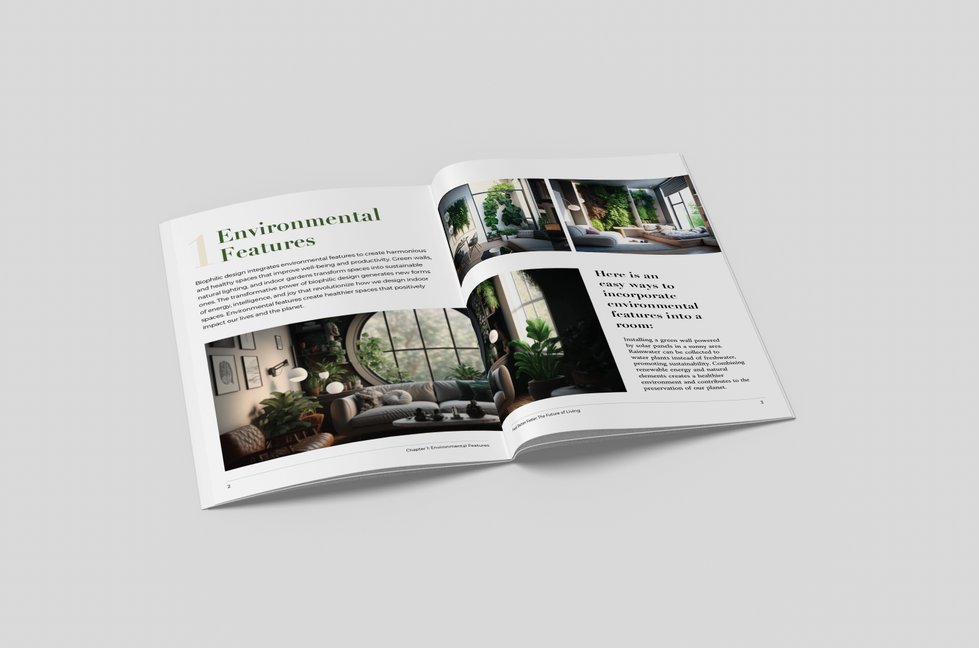 Book spread about environmental design features with interior photography and text.