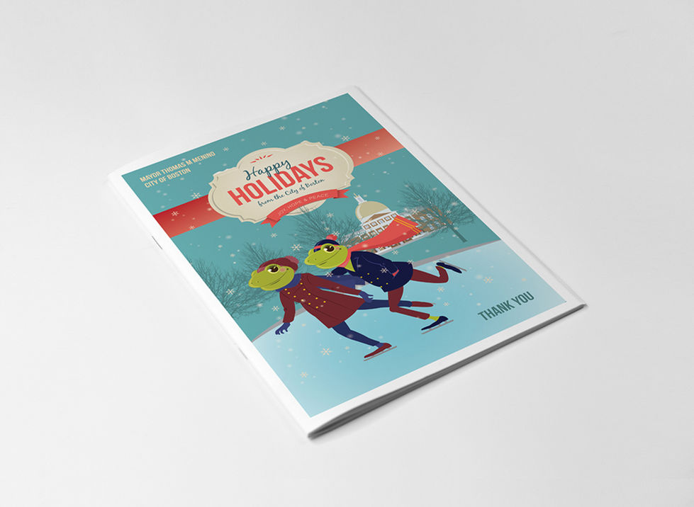 Holiday edition brochure – cover with skating frog couple in front of Boston State House and snowy trees.