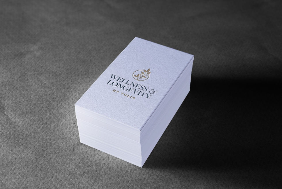Stacked minimalist business cards with Wellness & Longevity logo, business card design, brand stationery, clean logo layout, wellness identity, minimal business cards, personal branding, elegant health branding