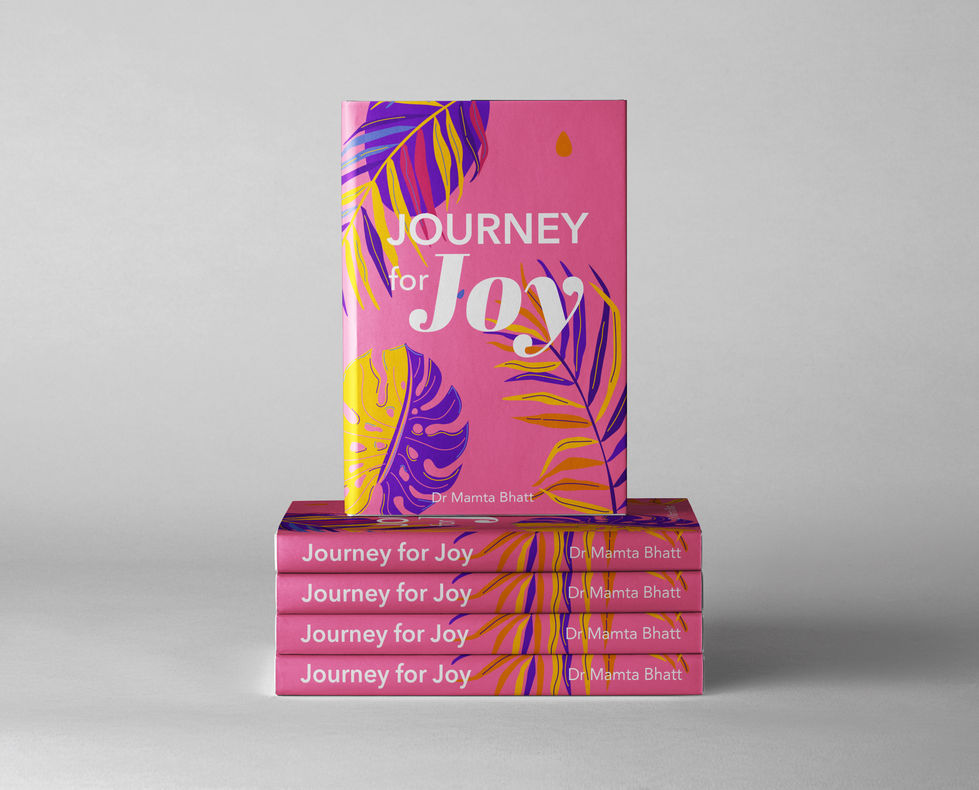Bright pink book cover with illustrated tropical leaves, stacked books titled “Journey for Joy” by Dr. Mamta Bhatt.