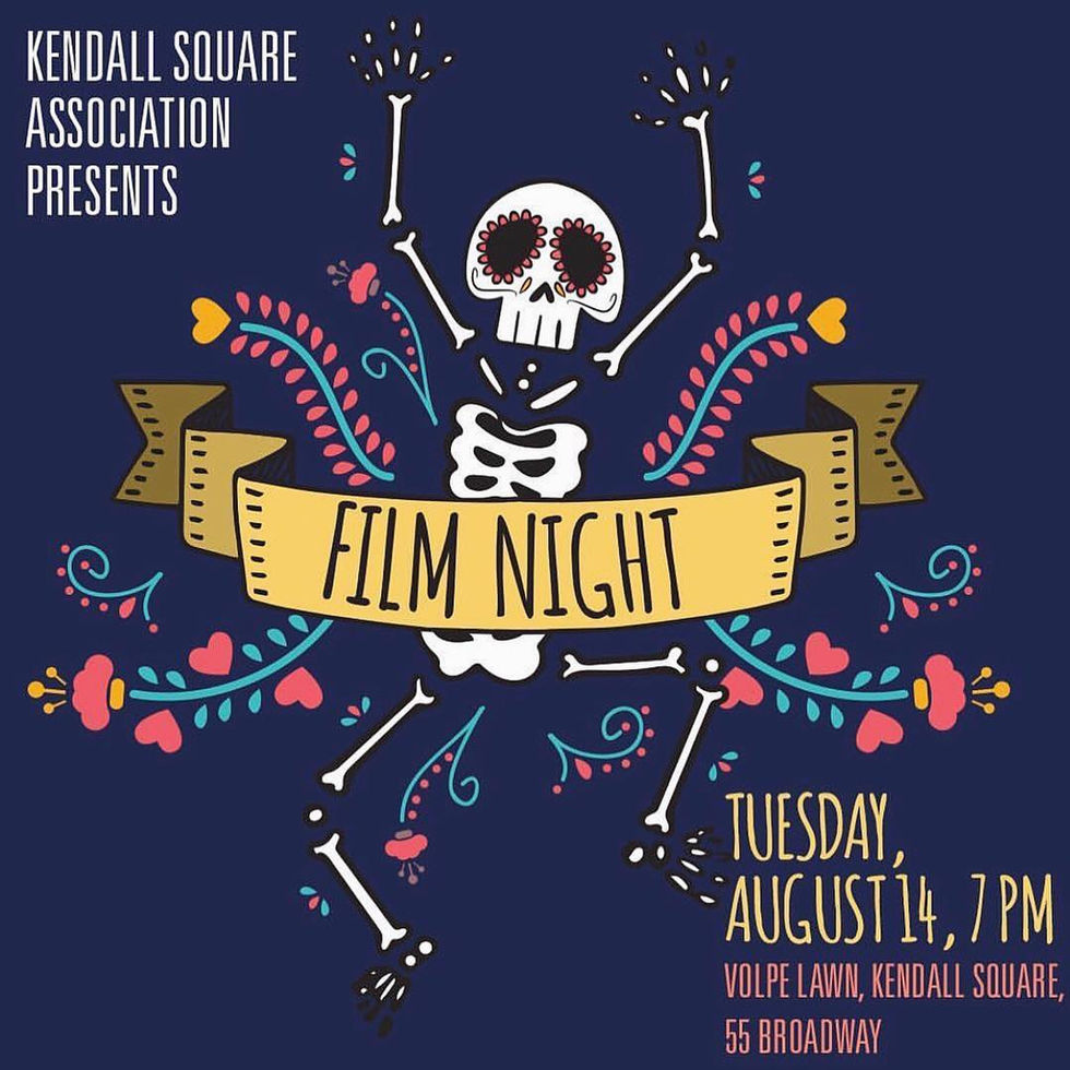 Illustrated film night event poster with colorful skeleton design and bold type, set against a navy background.