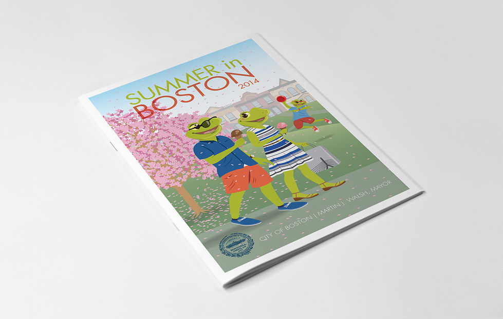 City of Boston Summer Brochure cover – colorful illustration of frogs enjoying ice cream under blooming trees.