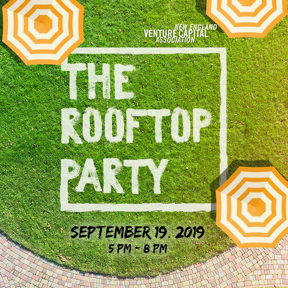 “The Rooftop Party” event name applied on grass, surrounded by colorful umbrellas.