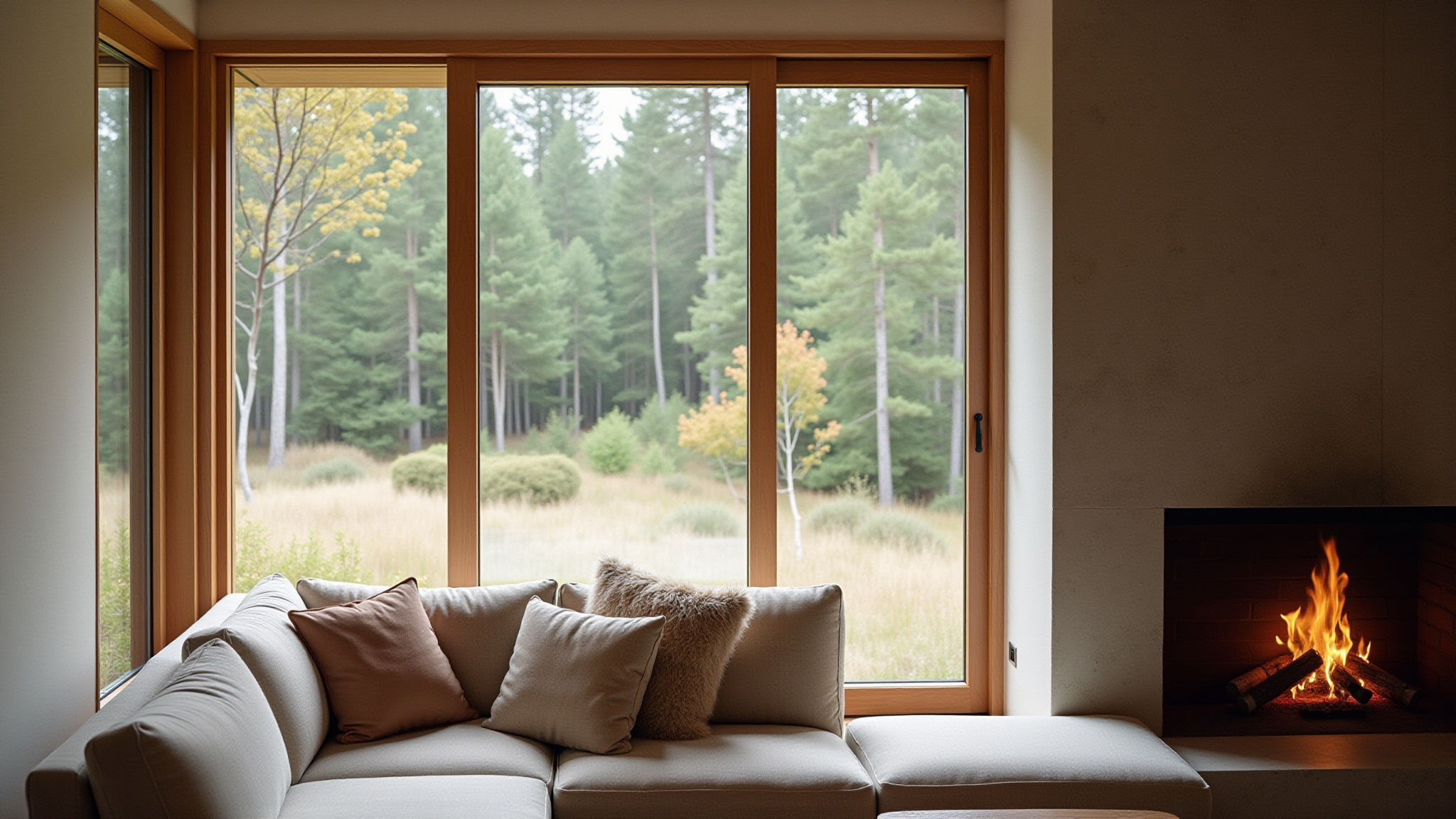 Cozy living room with a fireplace and forest view.