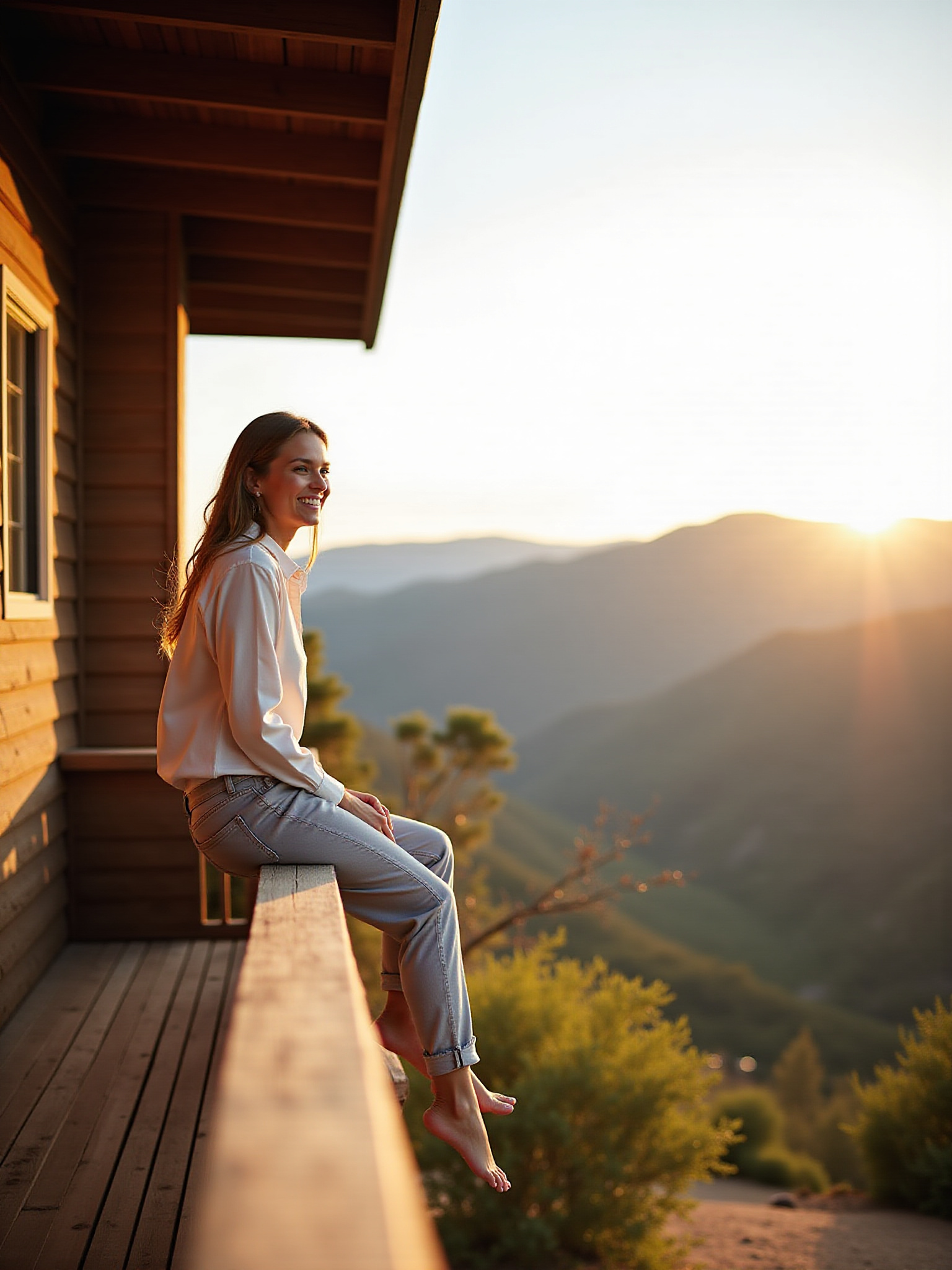 Woman sitting on wooden balcony at sunset overlooking mountains