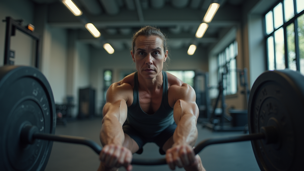 Eye-level view of a person lifting weights in a gym