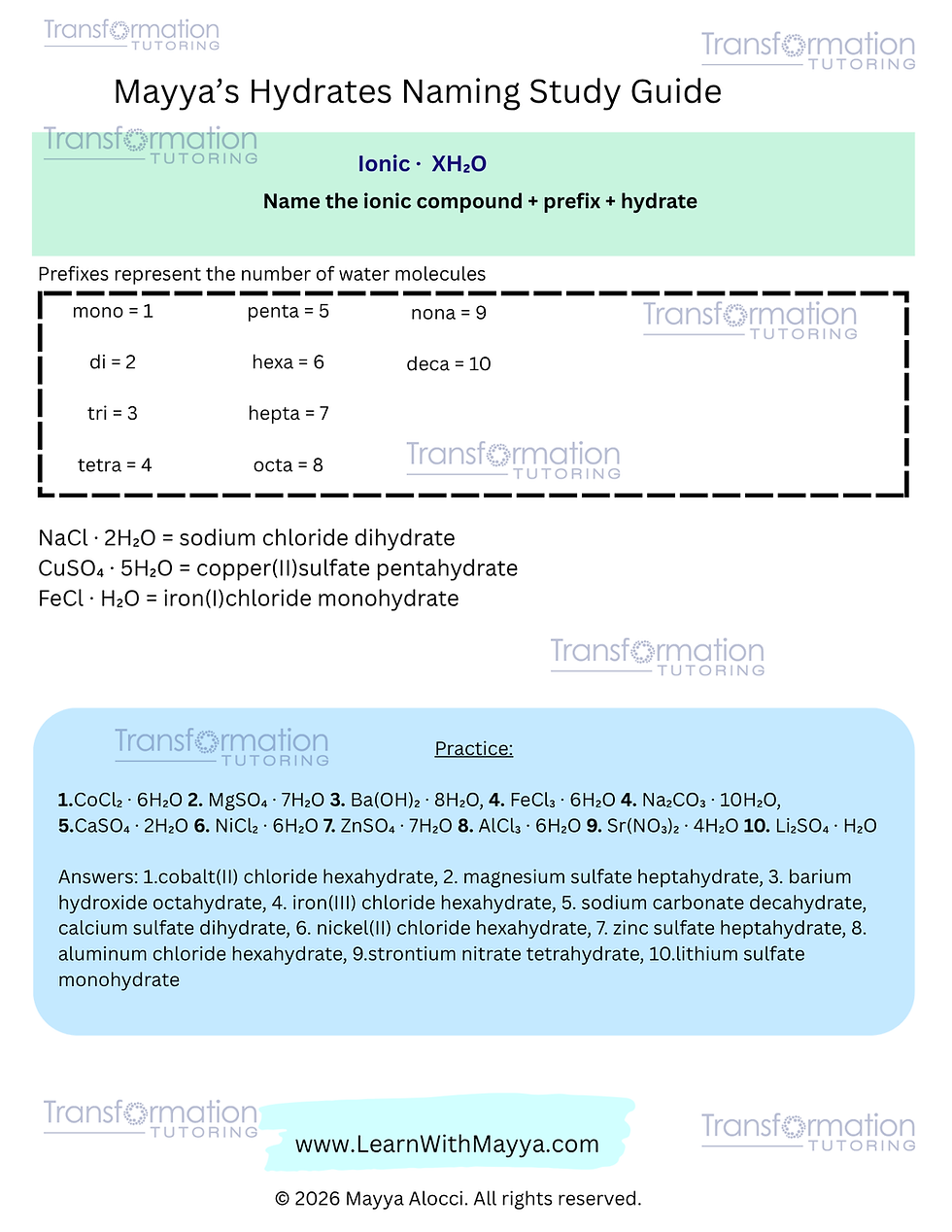 Hydrates naming study guide