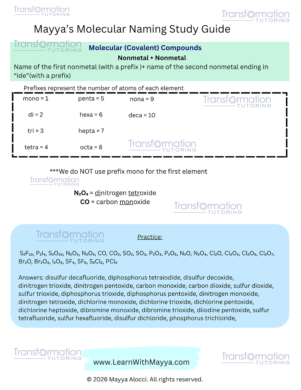 Molecular (covalent) naming study guide