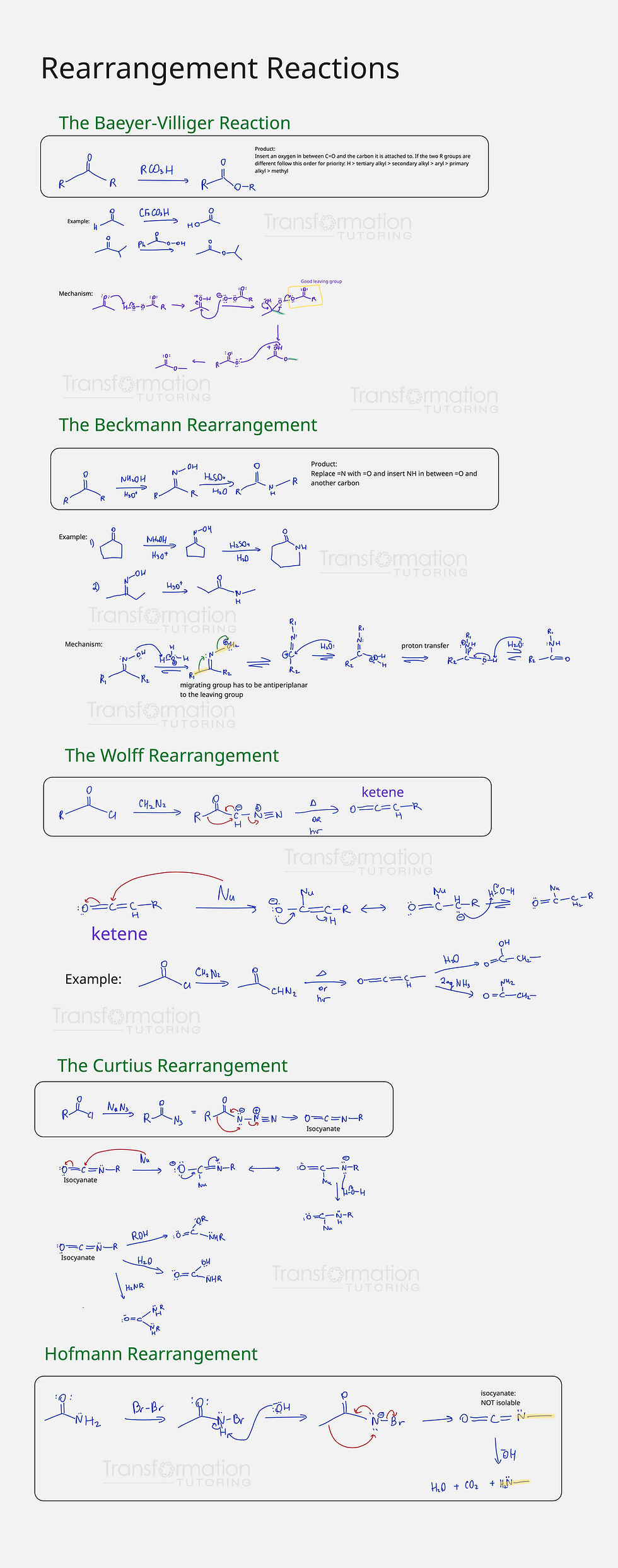 Bayer-Villiger Rearrangement, Hoffman Rearrangement, Beckmann Rearrangement, Wolff Rearrangement, Curtius Rearrangement.