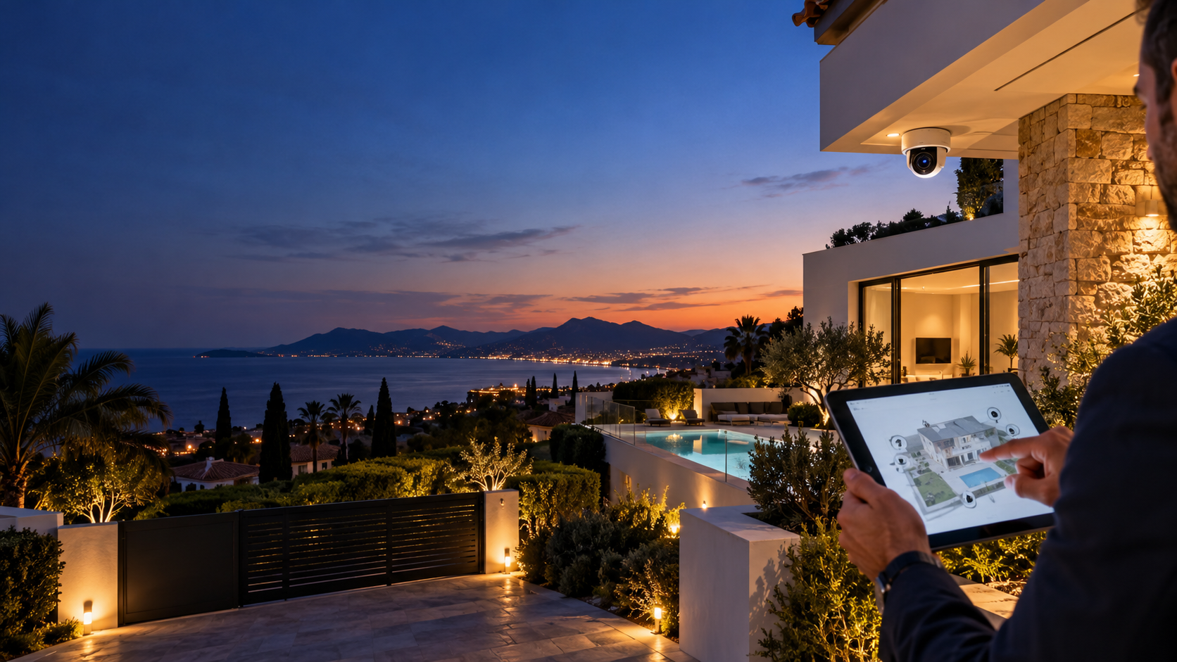 Villa sur la Côte d’Azur au crépuscule, analyse des accès sur tablette au premier plan
