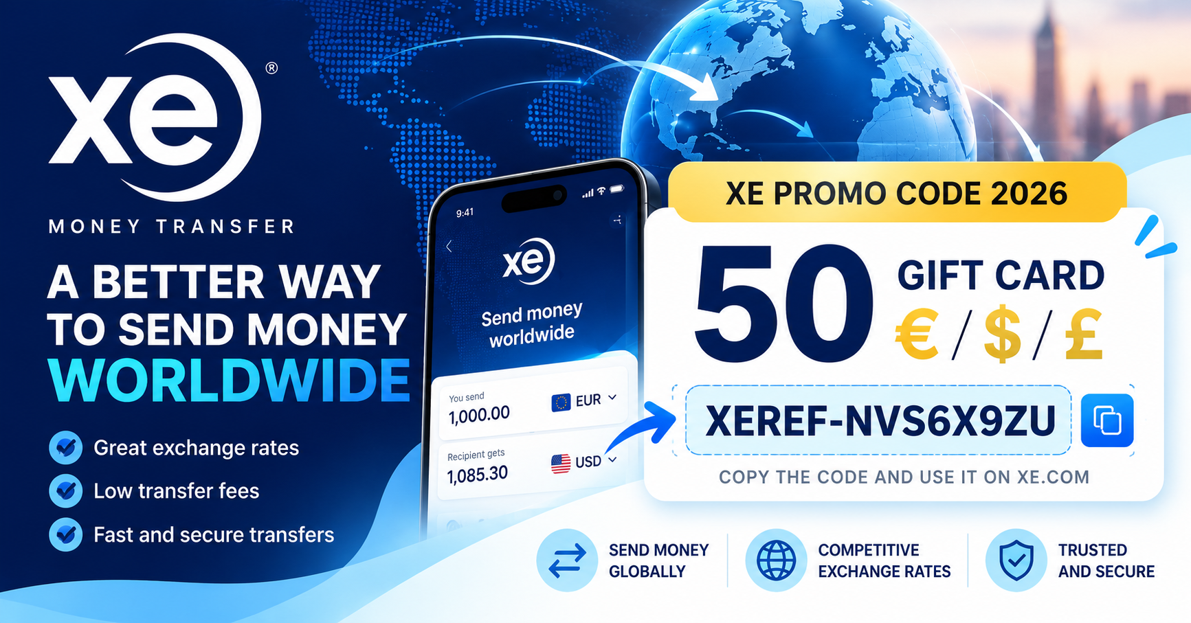 XE.com promo code XEREF-NVS6X9ZU: gift card reward for new XE money transfer customers