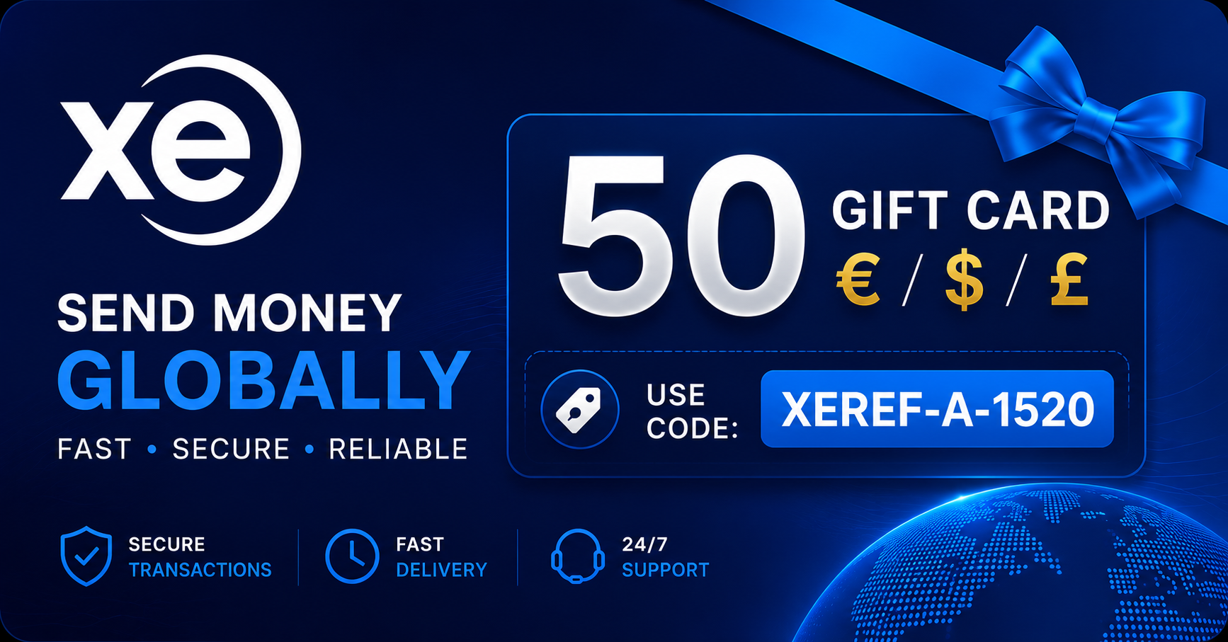 XE Money Transfer promo code XEREF-A-1520 with a $50 gift card reward for eligible new users sending their first international money transfer.