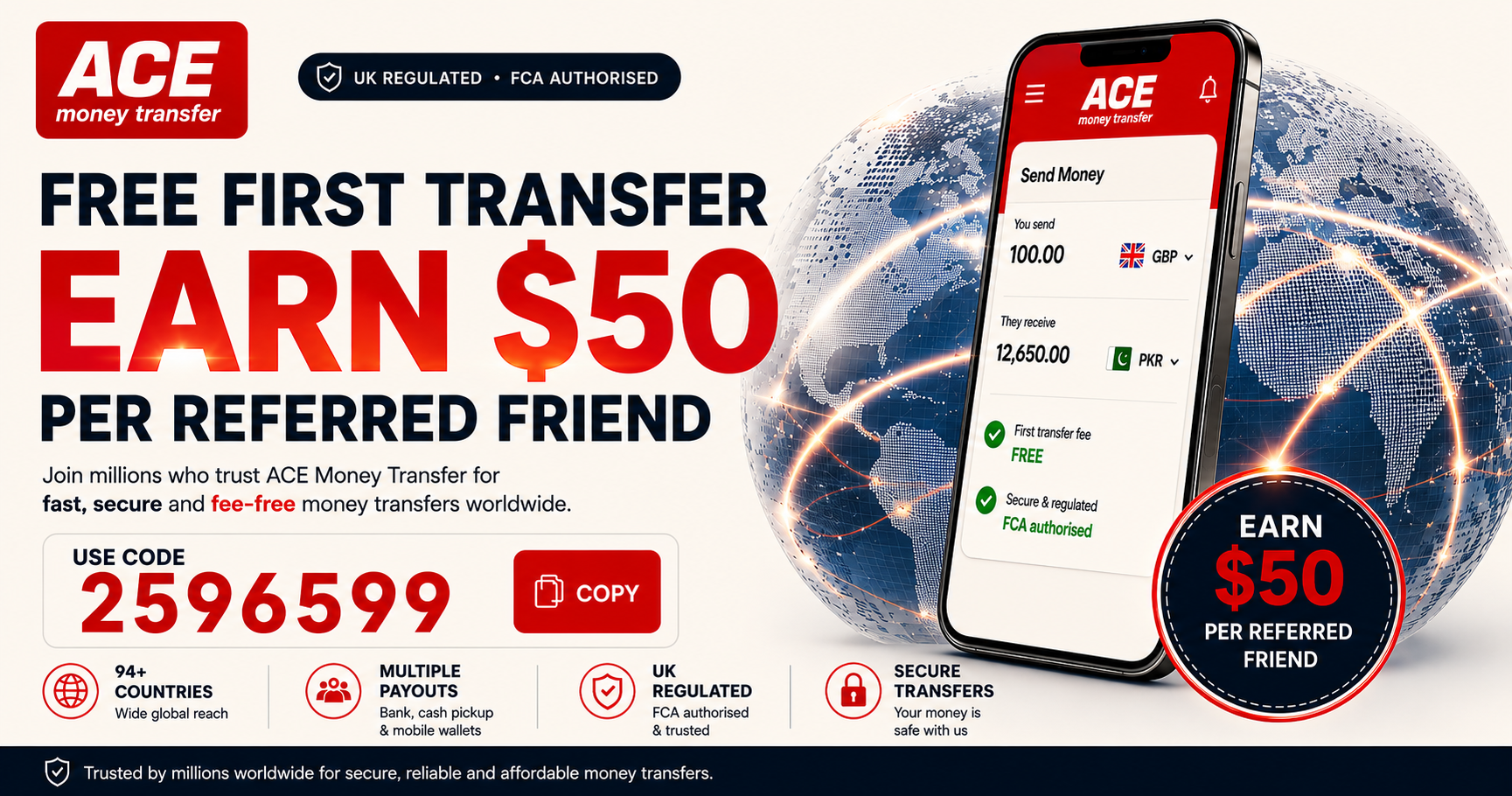 ACE Money Transfer free first transfer $50 referral bonus