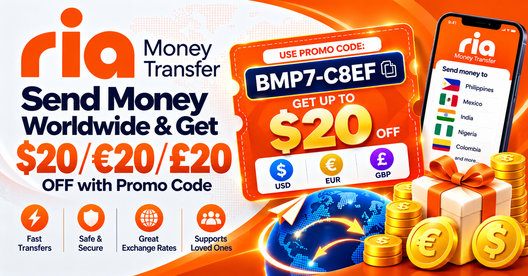 Ria Money Transfer promo code BMP7-C8EF: €20 / $20 / £20 off