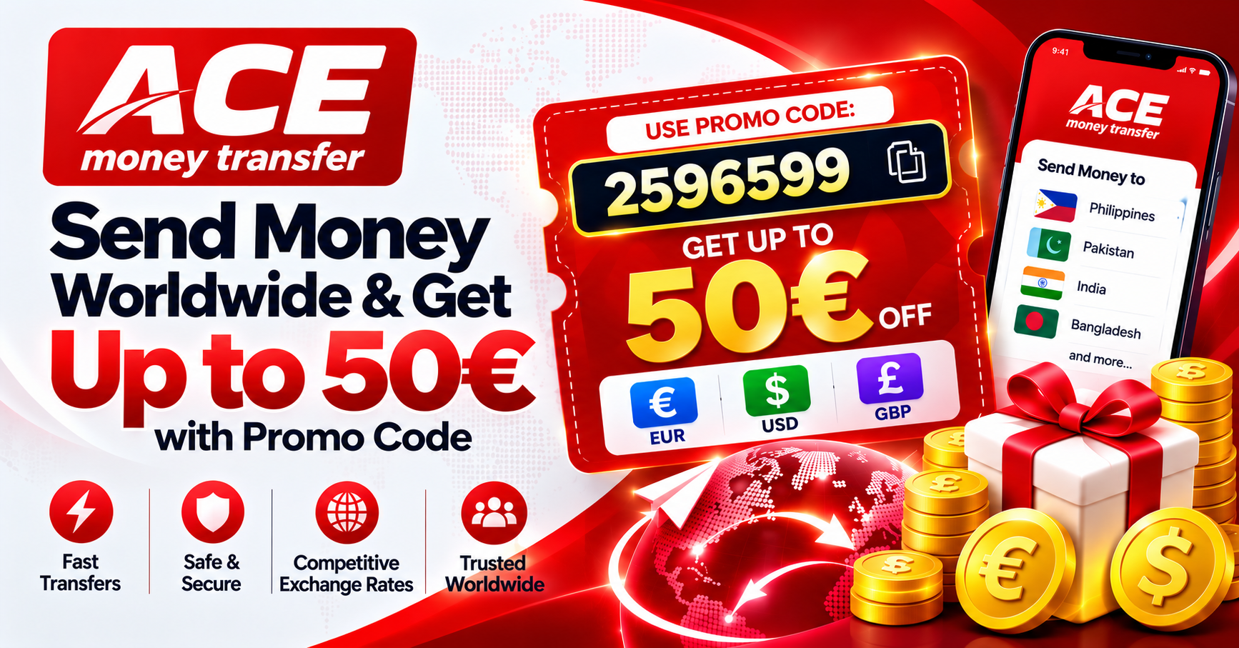 ACE Money Transfer promo code 2596599: up to €50 / $50 / £50 off