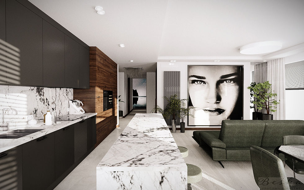 Apartament otwarta minimalistyczna kuchnia w salonie obraz Beska Design