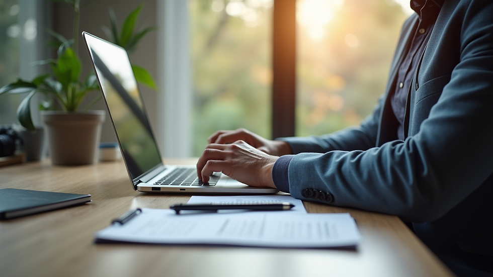 Eye-level view of a small business owner reviewing funding options on a laptop