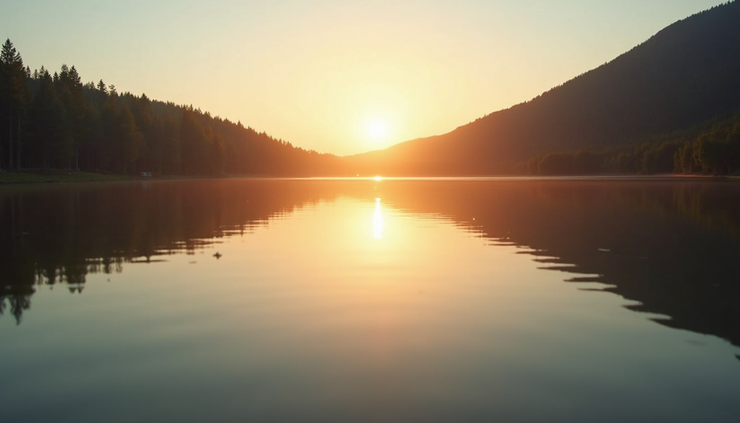 Eye-level view of a calm lake reflecting a sunrise, symbolizing stability and growth in retirement planning