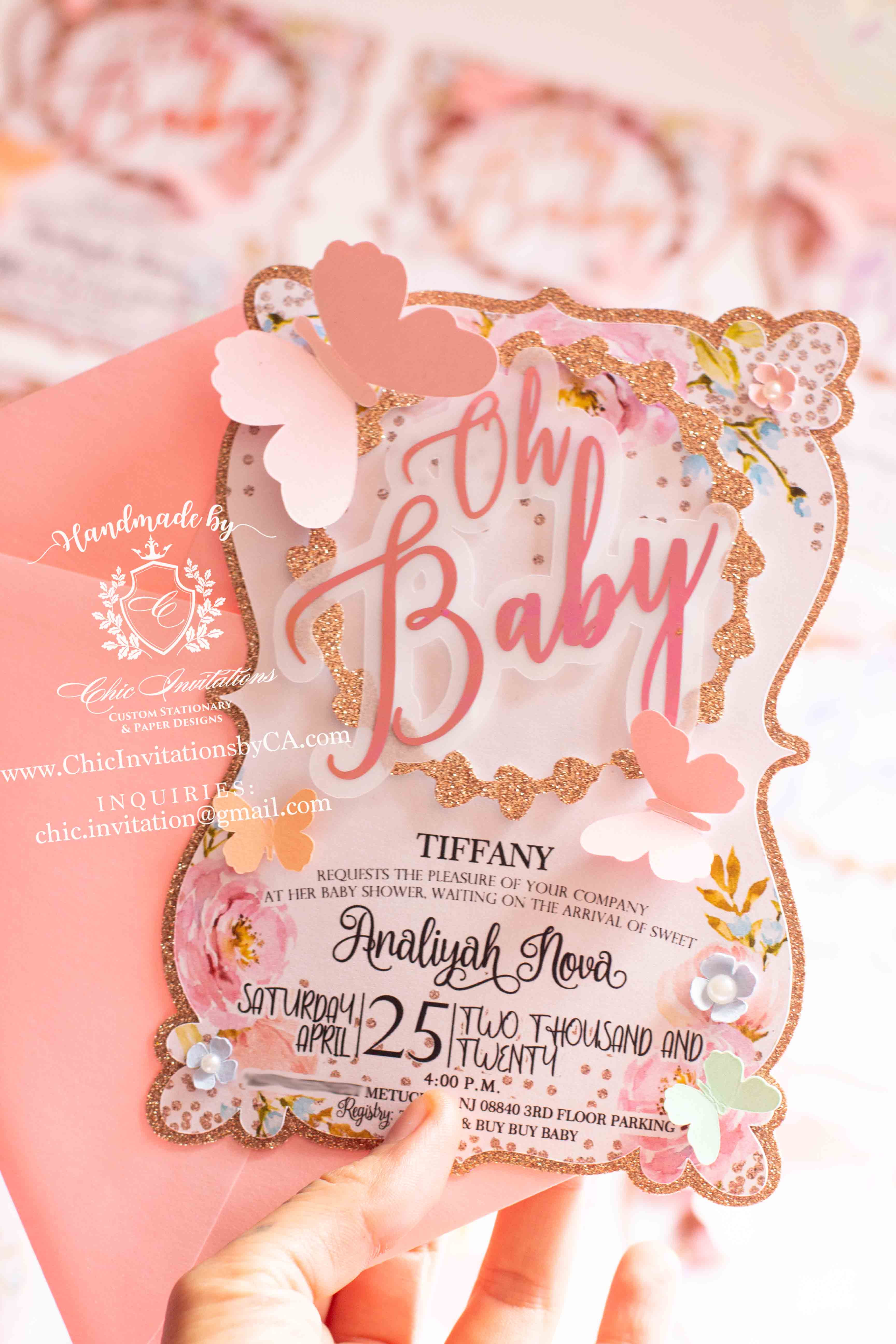 Butterfly invitation, handmade butterfly invite, oh baby invitation, baby shower