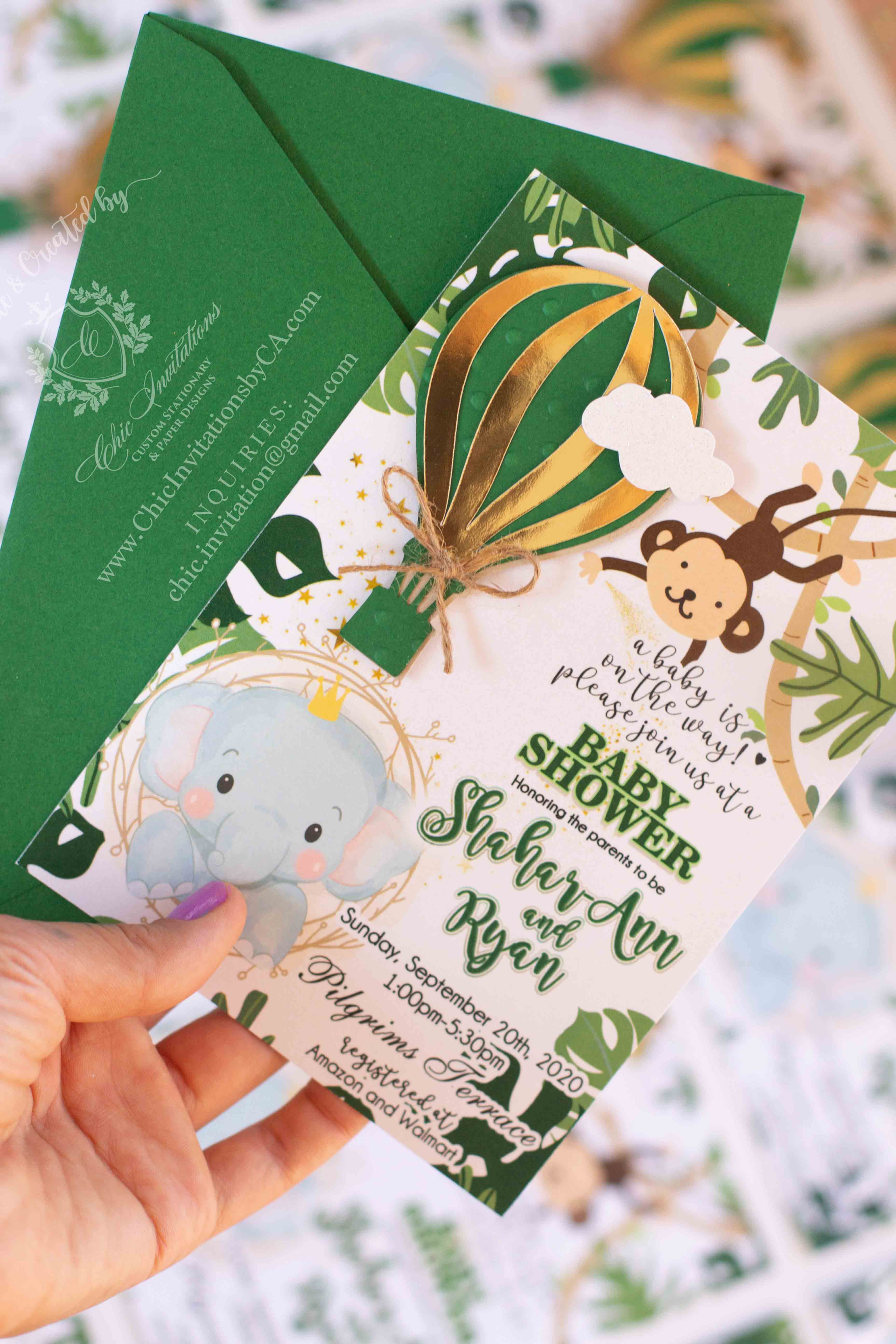 jungle handmade invitations, baby shower animals, baby animals invitation